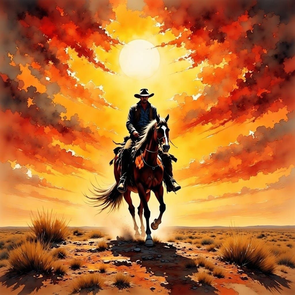 Desperate Cowboy Charges Towards the Viewer in a Sweeping We...