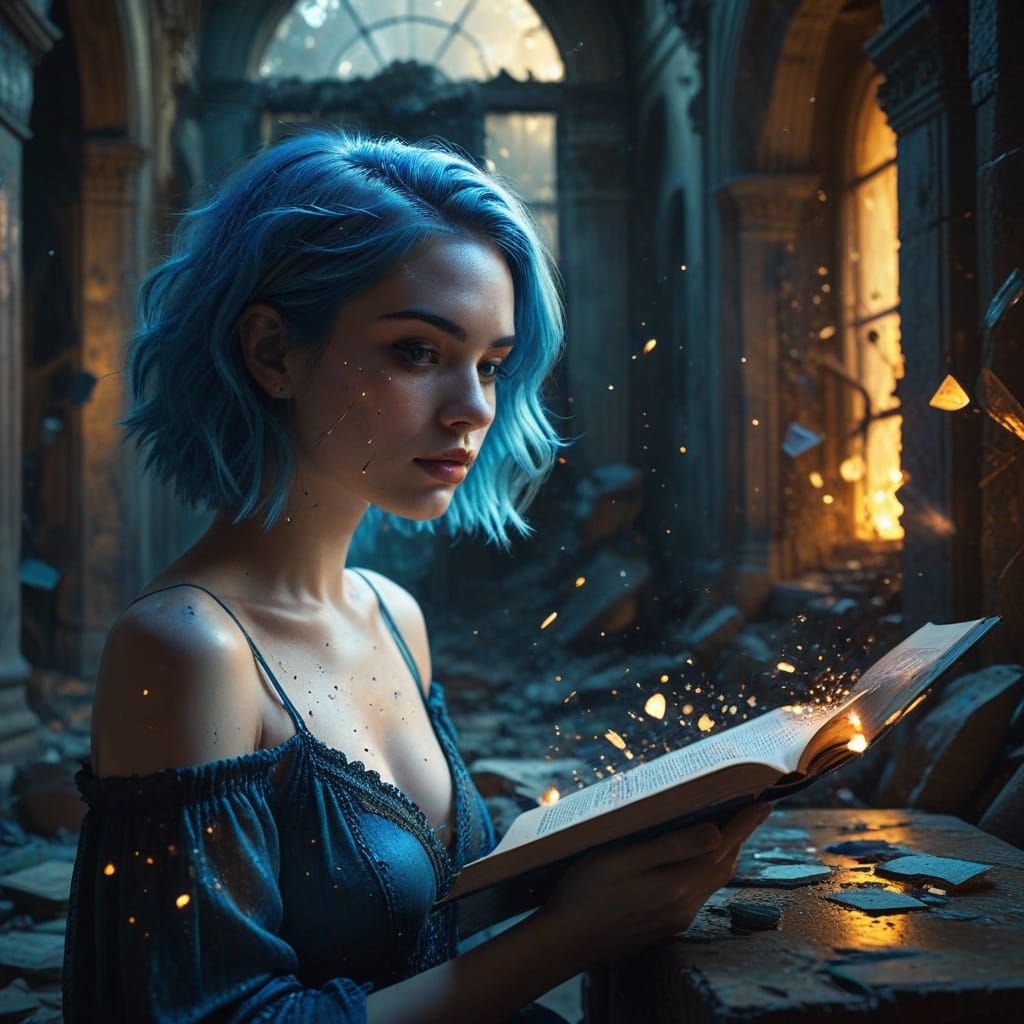 Alt Woman in Ruins with Crystals, Neon Noir