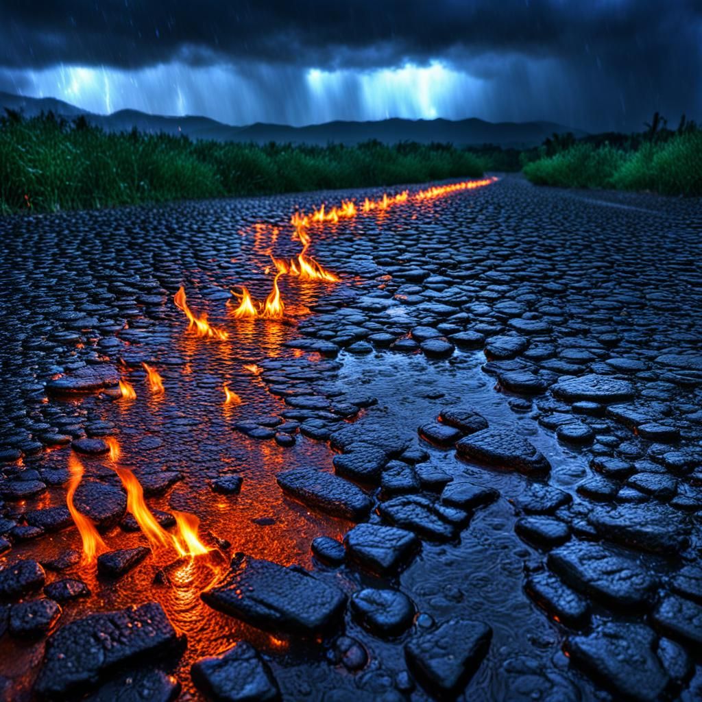 Dramatic Fire and Rain in Hyperrealistic Detail