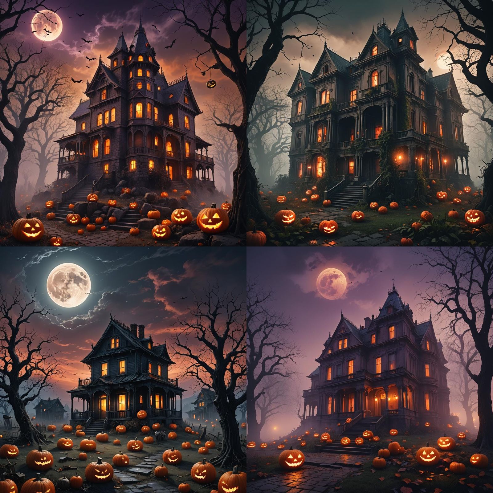 Haunted Building with Ghosts and Pumpkins