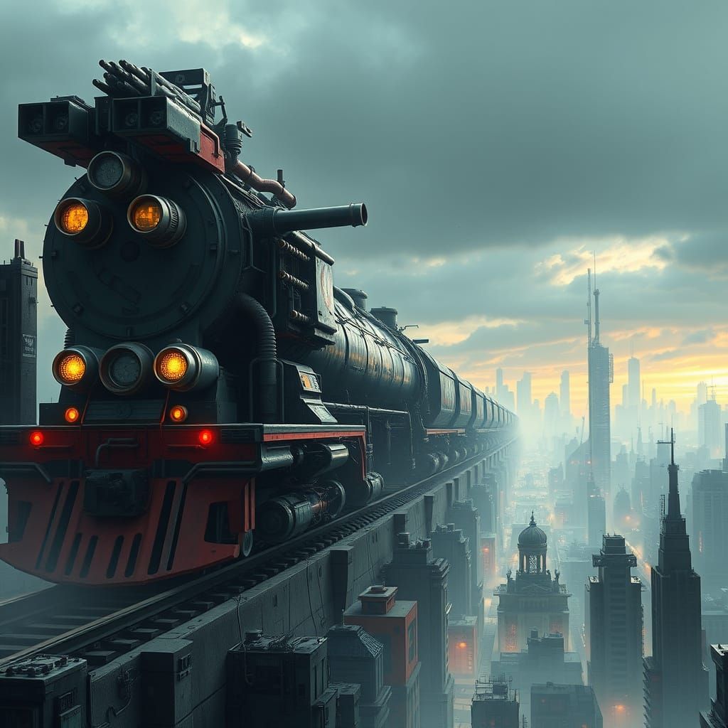 Futuristic Armored Train Dominates Dystopian Cityscape