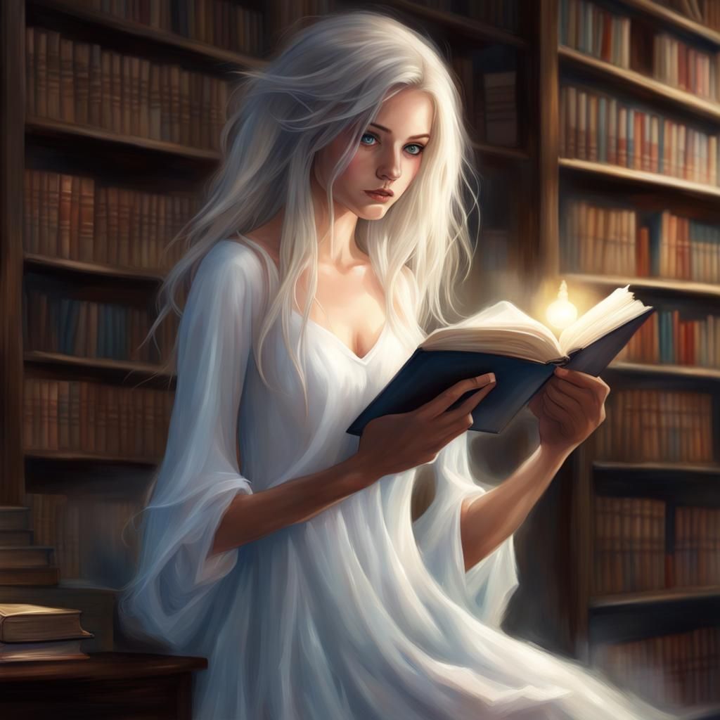 Girl Reading with Ghost in Library
