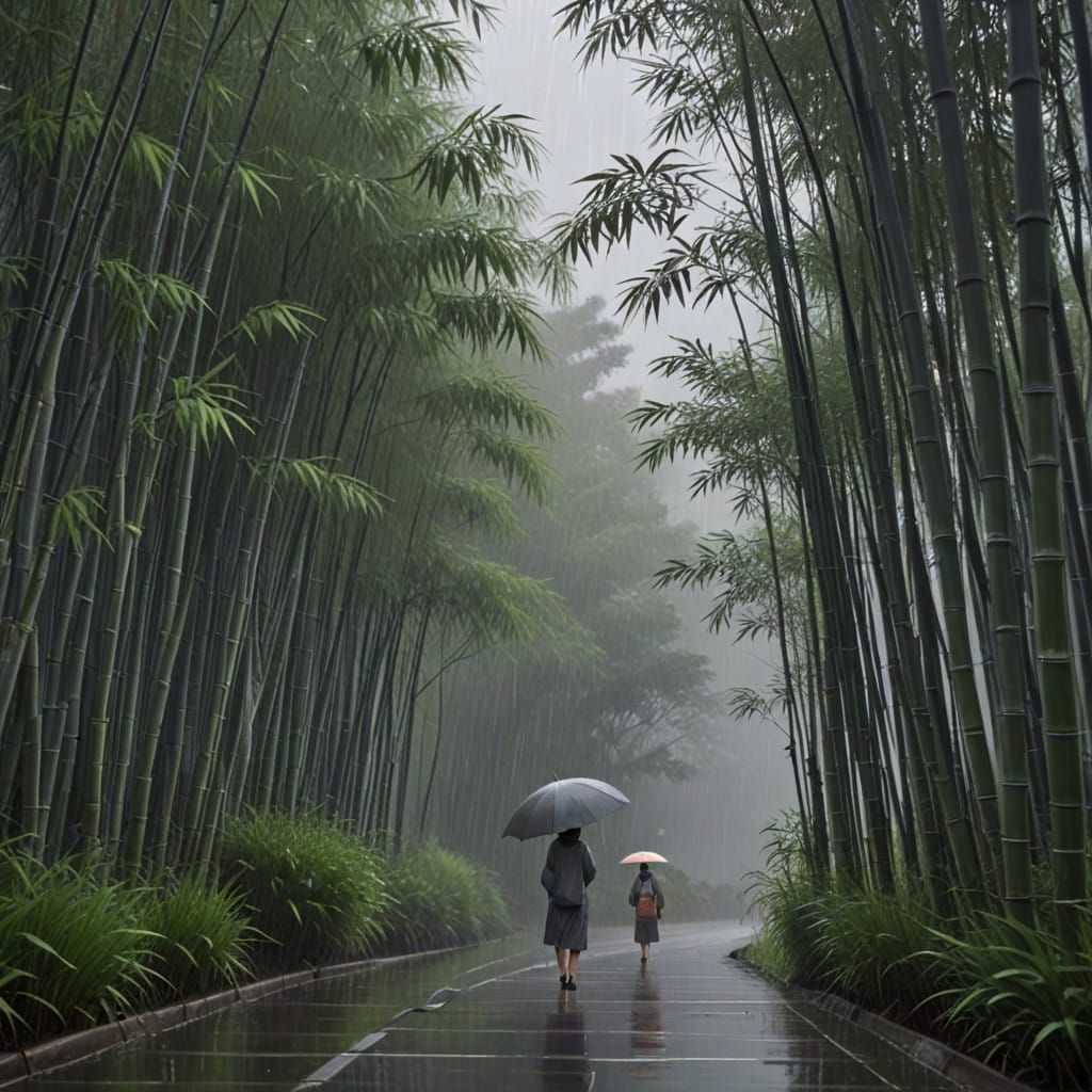 Whimsical Bamboo Forest in a Ghibli-Inspired Rainy Landscape