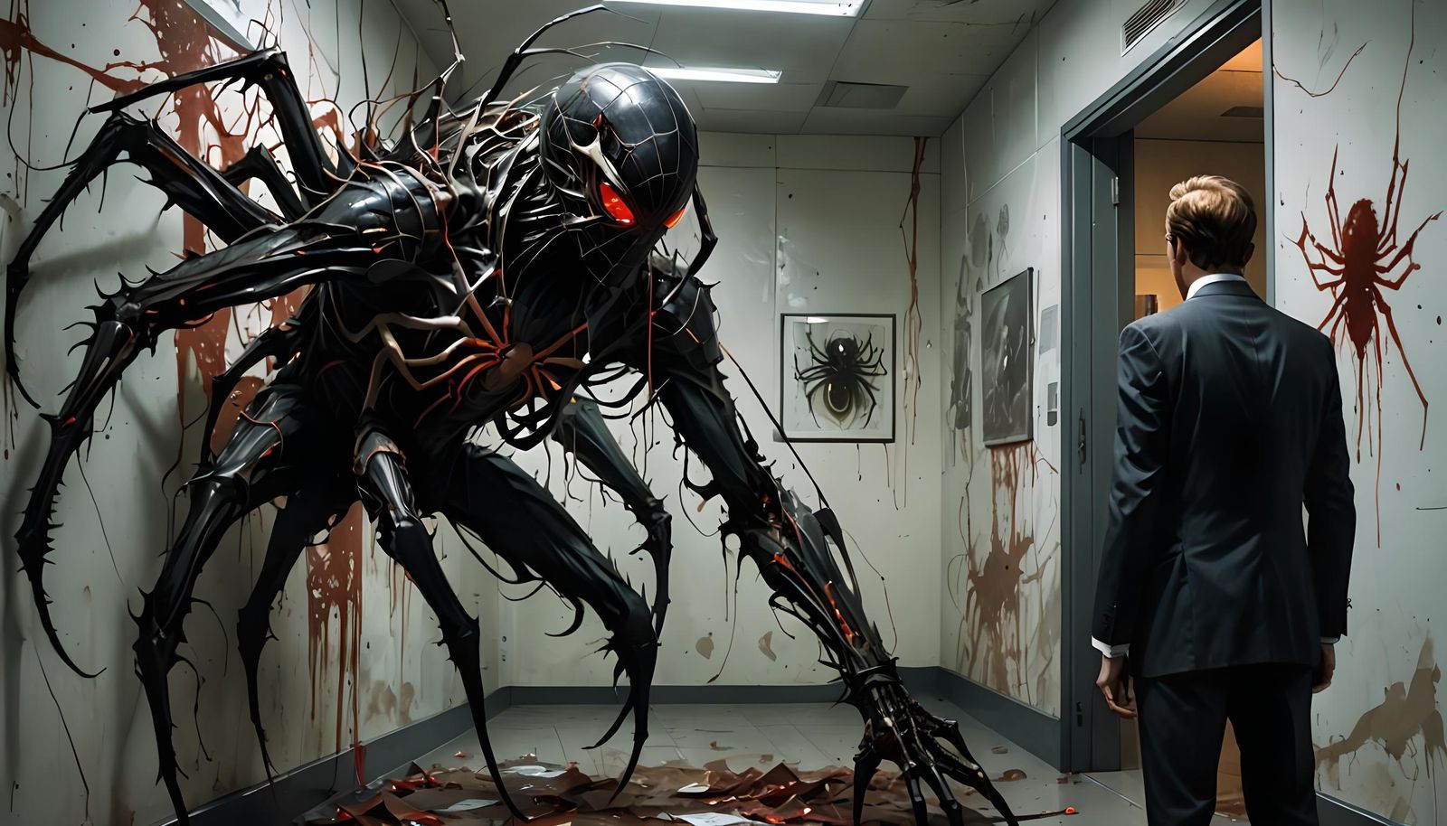 Nightmarish Spider Creature in Futuristic Office