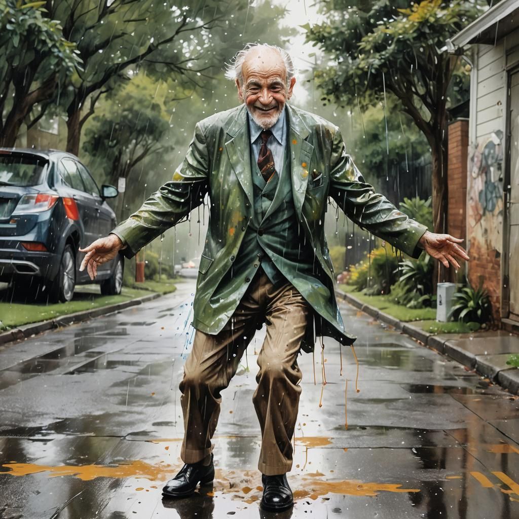 Joyful Old Man Dancing in Rainy Street, Watercolor Ink