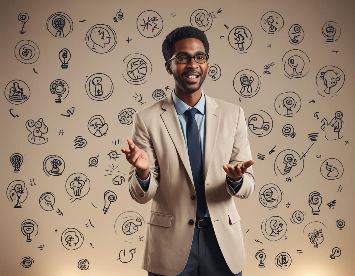 A professional psychiatrist and certified life coach in a formal yet approachable setting, delivering a motivational spe...