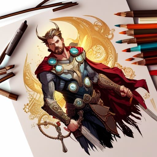 Steampunk Thor with Luminous Colors and Golden Outlines
