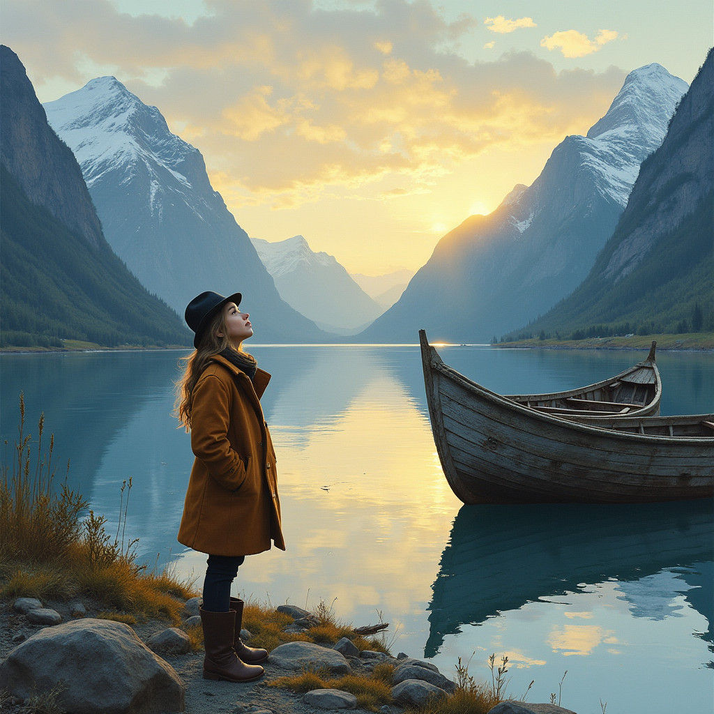 Norwegian Fjord at Dusk in Expressive Painting Style