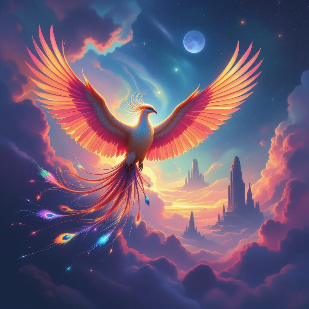 Bioluminescent Phoenix Soaring Through Nebula