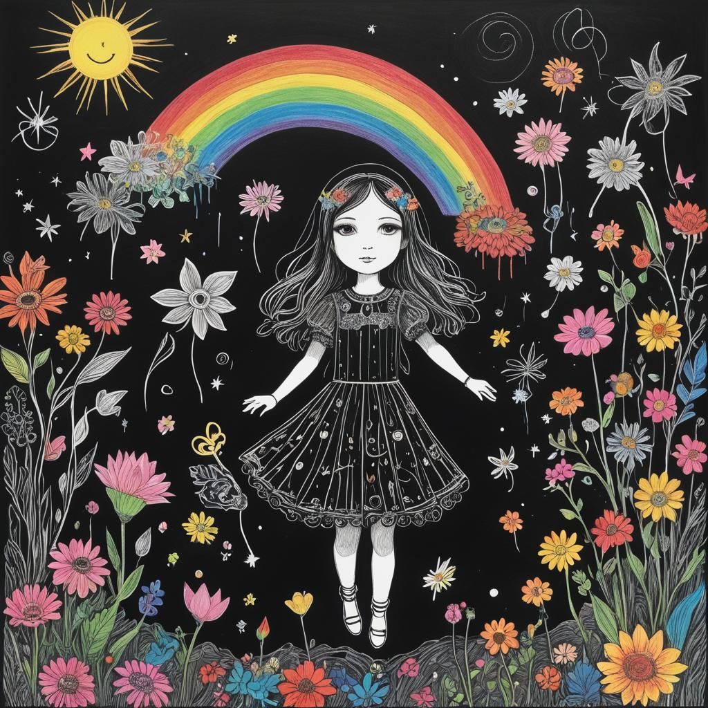 Surreal Crayon Drawing: Chibi Goth Woman