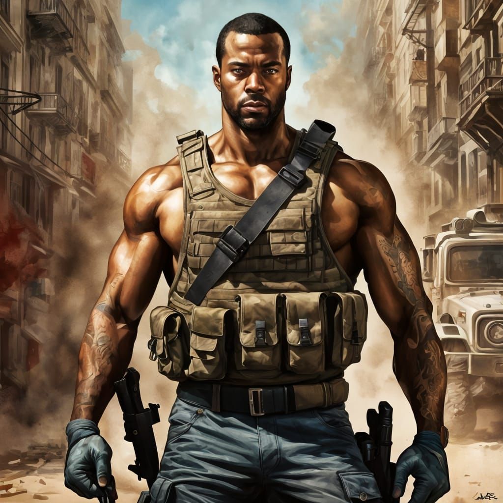 Hyperrealistic Mercenary Soldier Portrait in Dramatic Lighti...