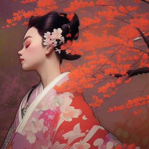 Geisha in Cherry Blossom Kimono, Digital Art