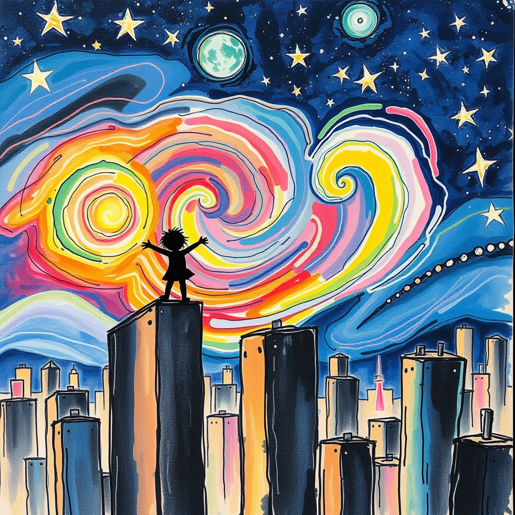Cosmic Future City: A Whimsical Crayon Drawing