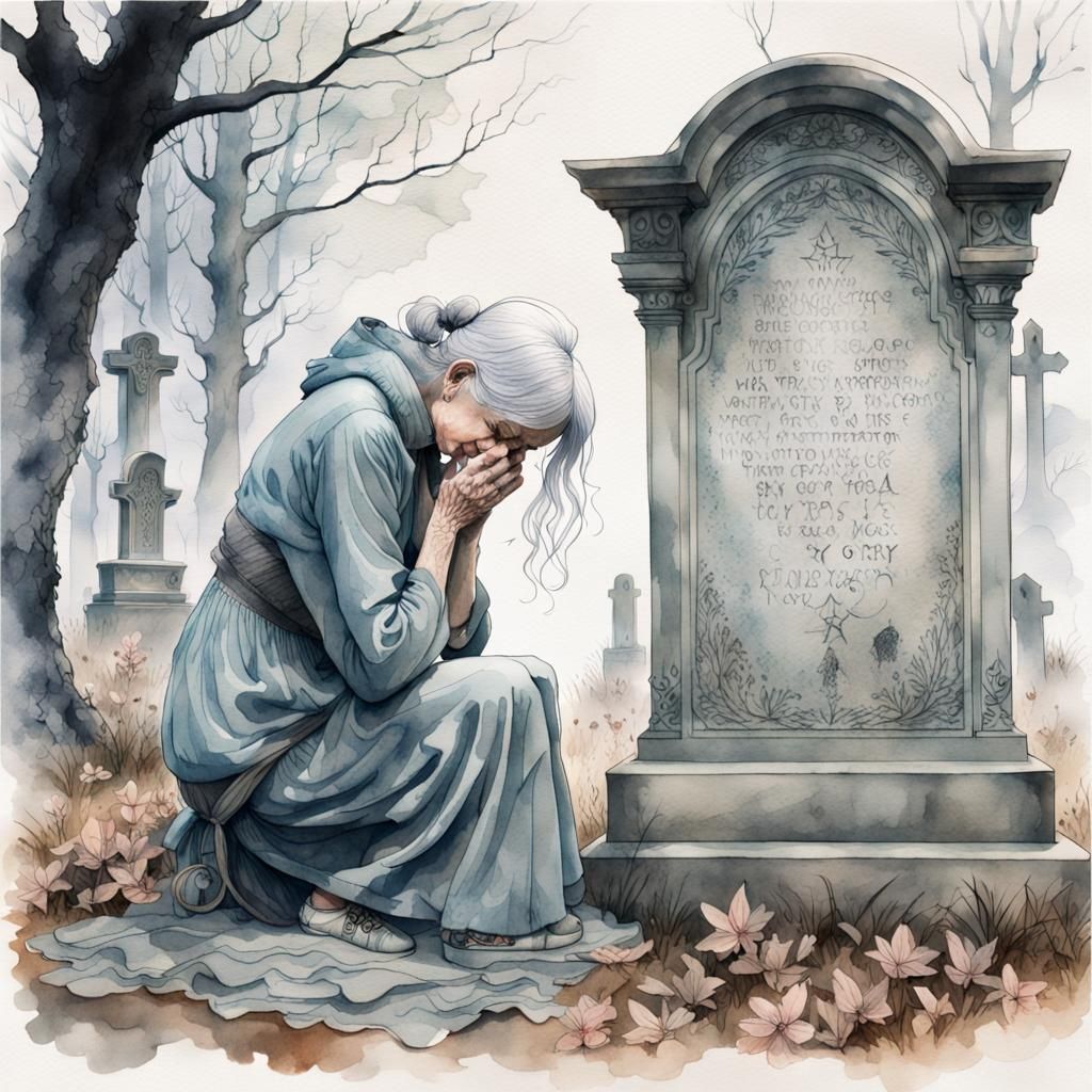 Grief-stricken Woman at Tombstone: Watercolor and Ink