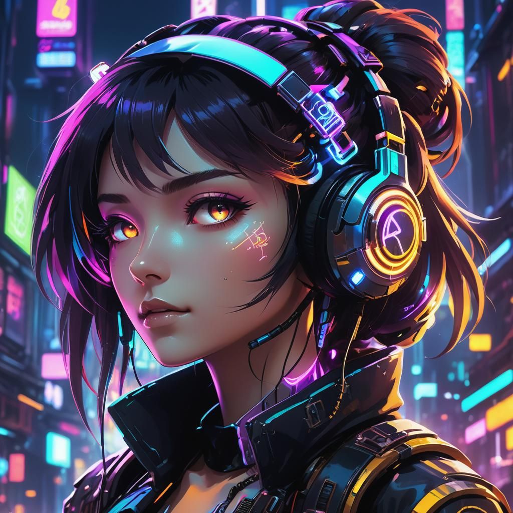 Anime Girl in Neon Cyberpunk Cityscape