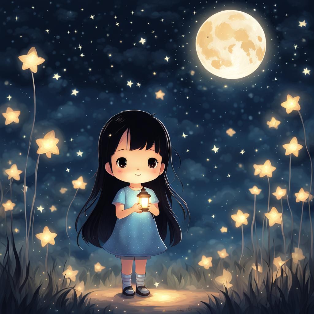 Chibi Girl Under Moonlight: A Fantasy Illustration
