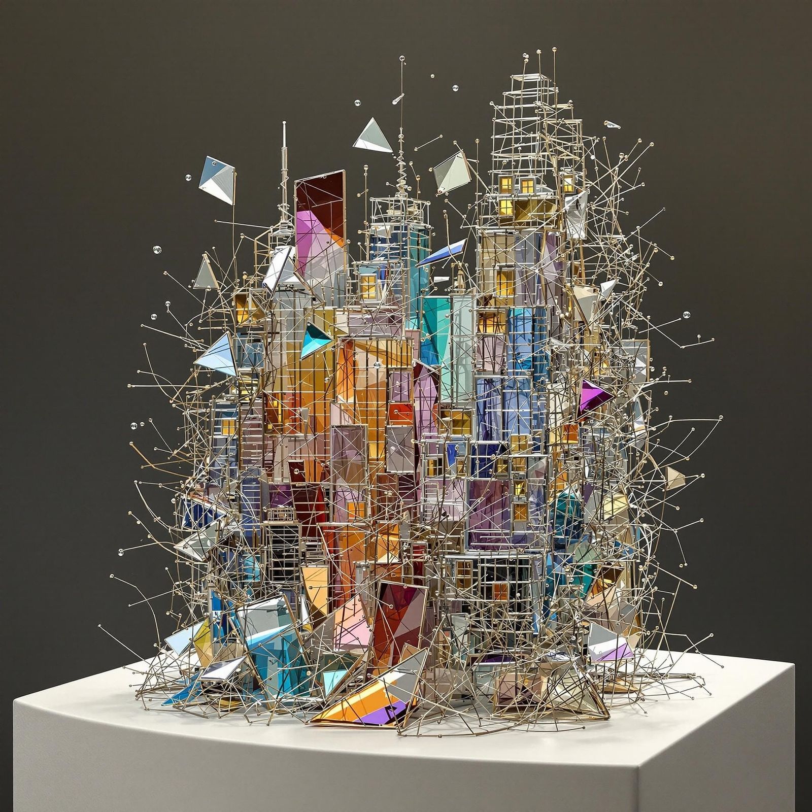 Surreal Wireframe Cityscape Sculpture in Metallic Detail