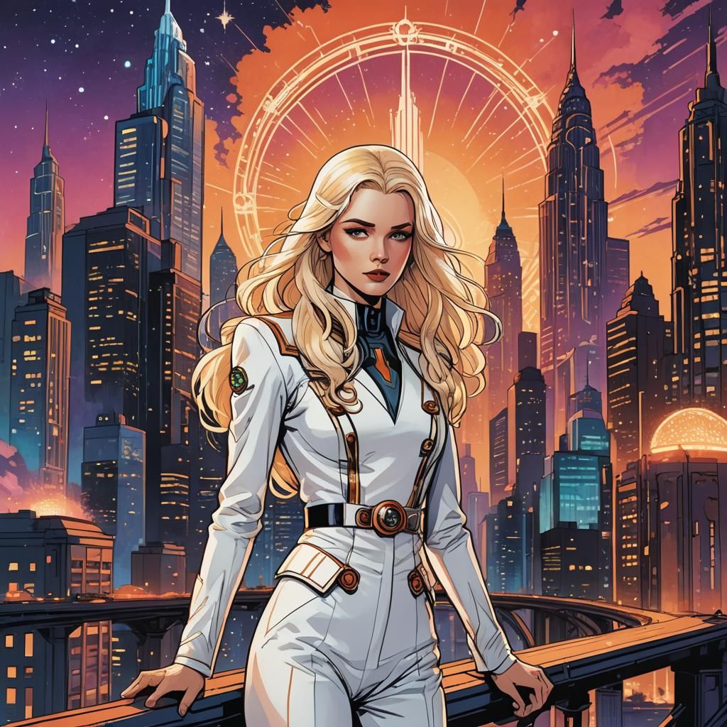 Art Deco Cityscape with Cybernetic Hero