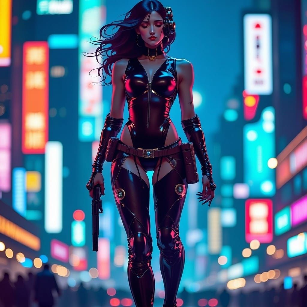 Cybernetic Guardian in Neon-Lit Neo-Tokyo