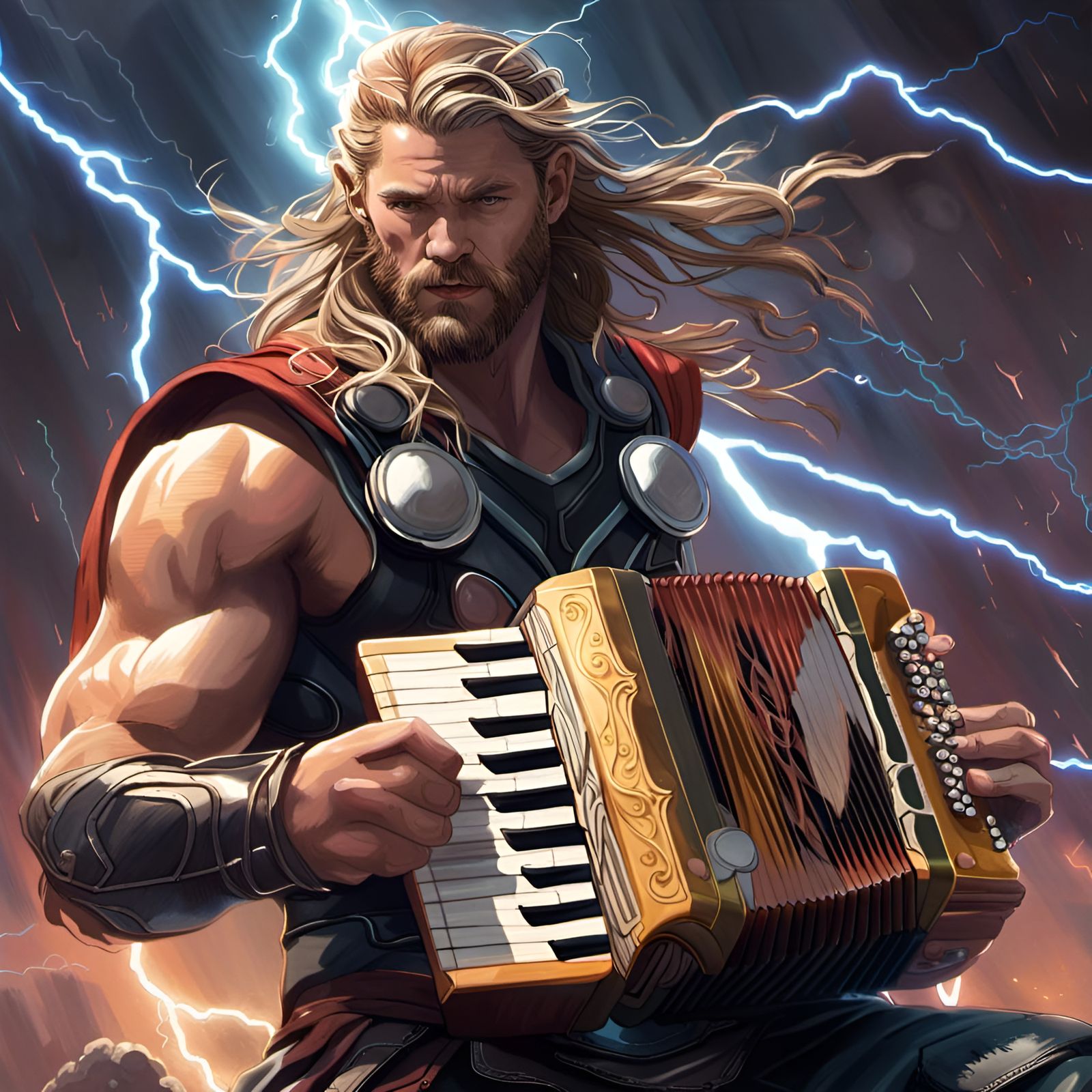 Thor Plays Accordion in Intricate Digital Art
