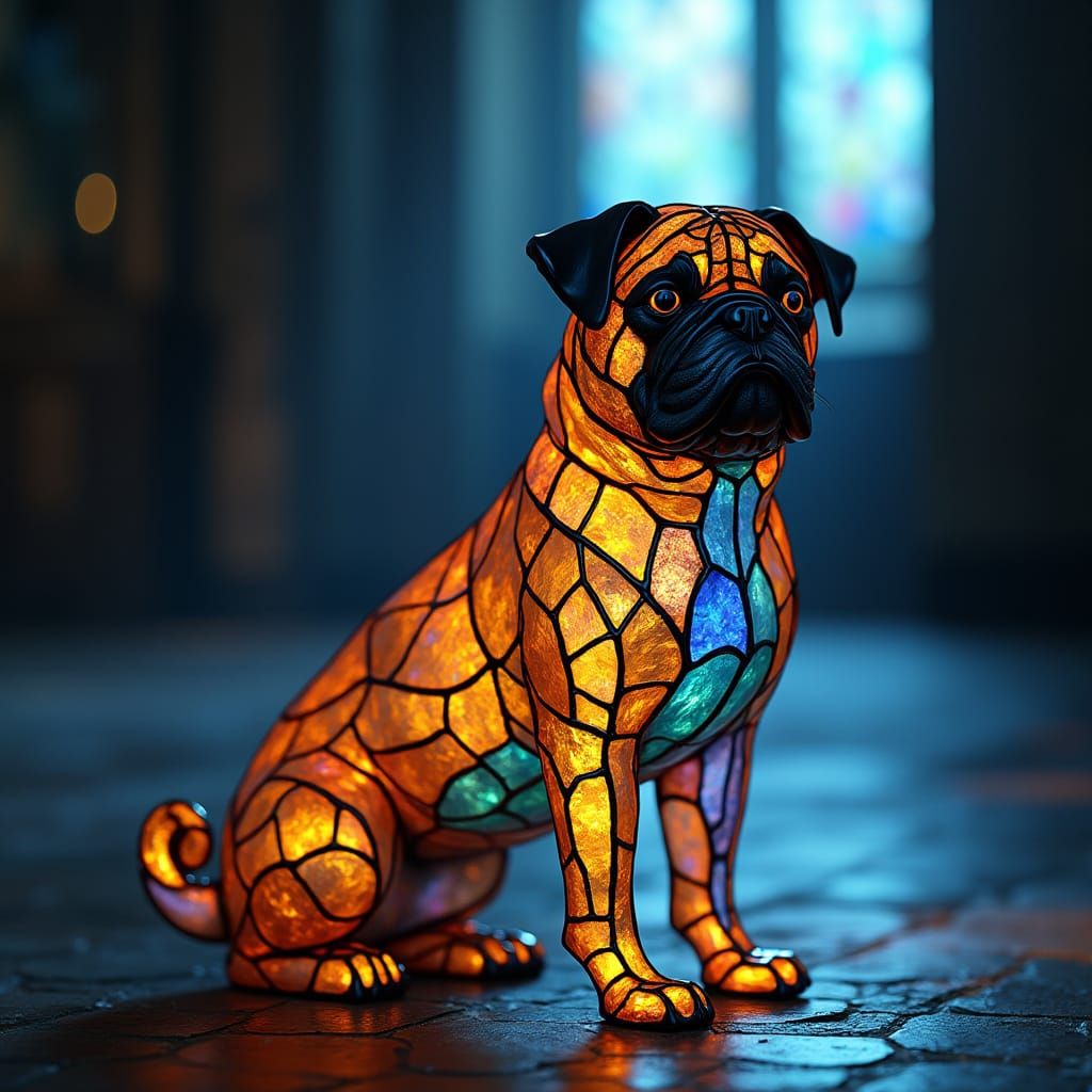 Regal Stained Glass Pug Statue Illuminates Cathedral