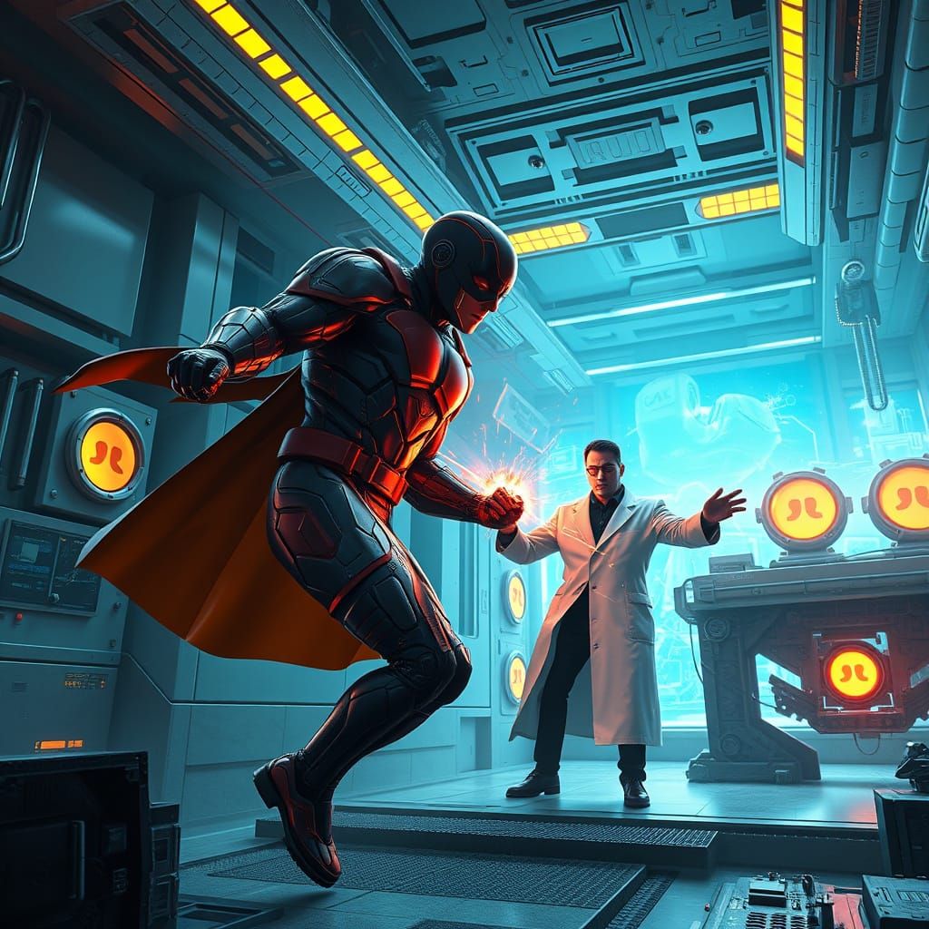 Superhero Battles Madman in Futuristic Lab: Matte Painting