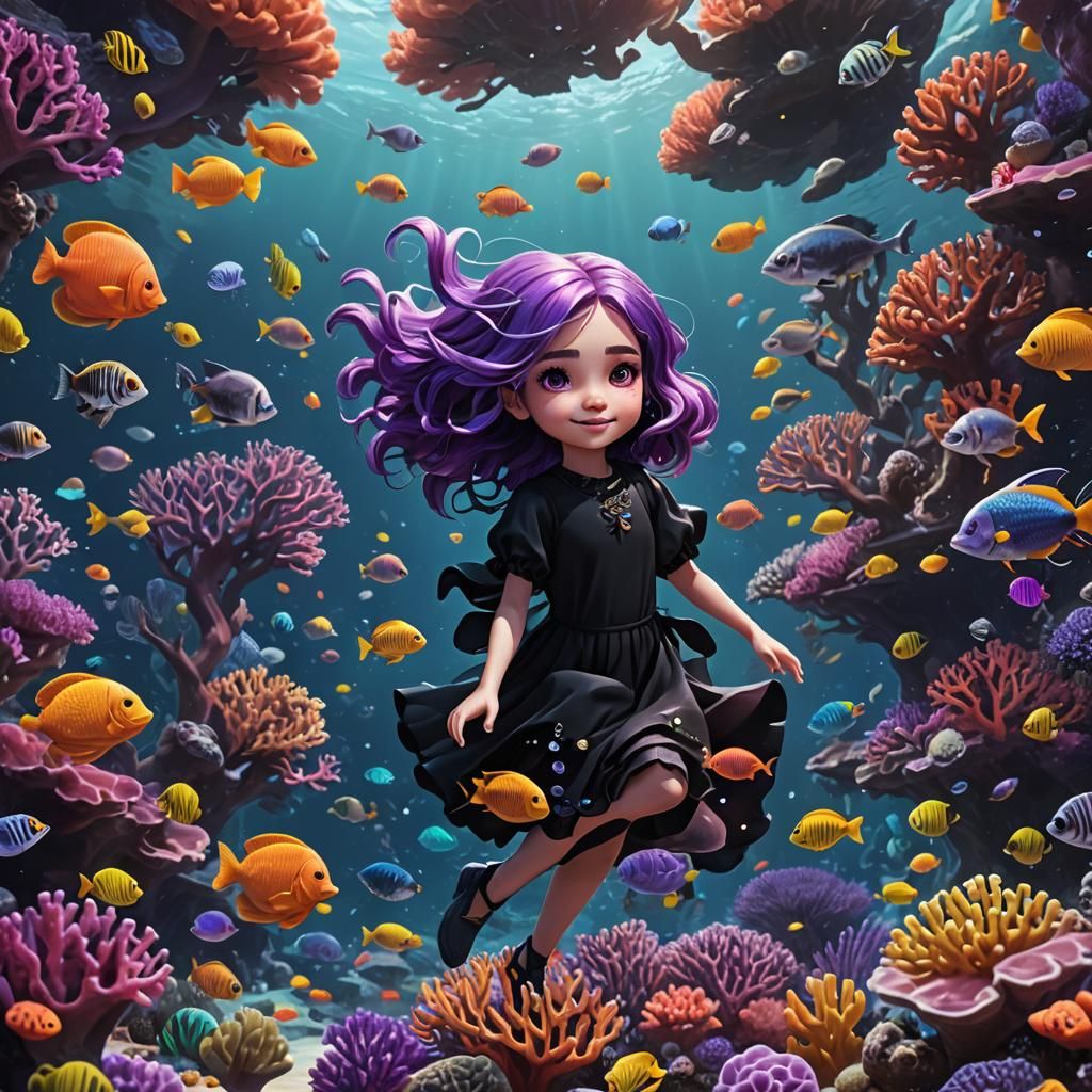 Purple Haired Girl in Ocean, Detailed Matte Painting