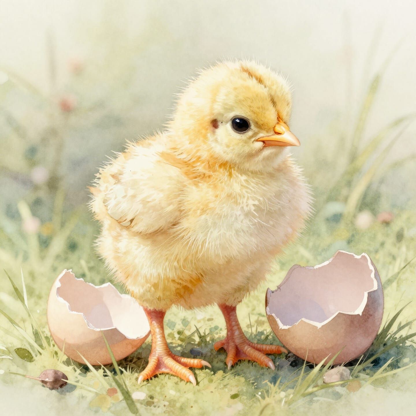 Fluffy Baby Chick Hatches in Watercolor Style