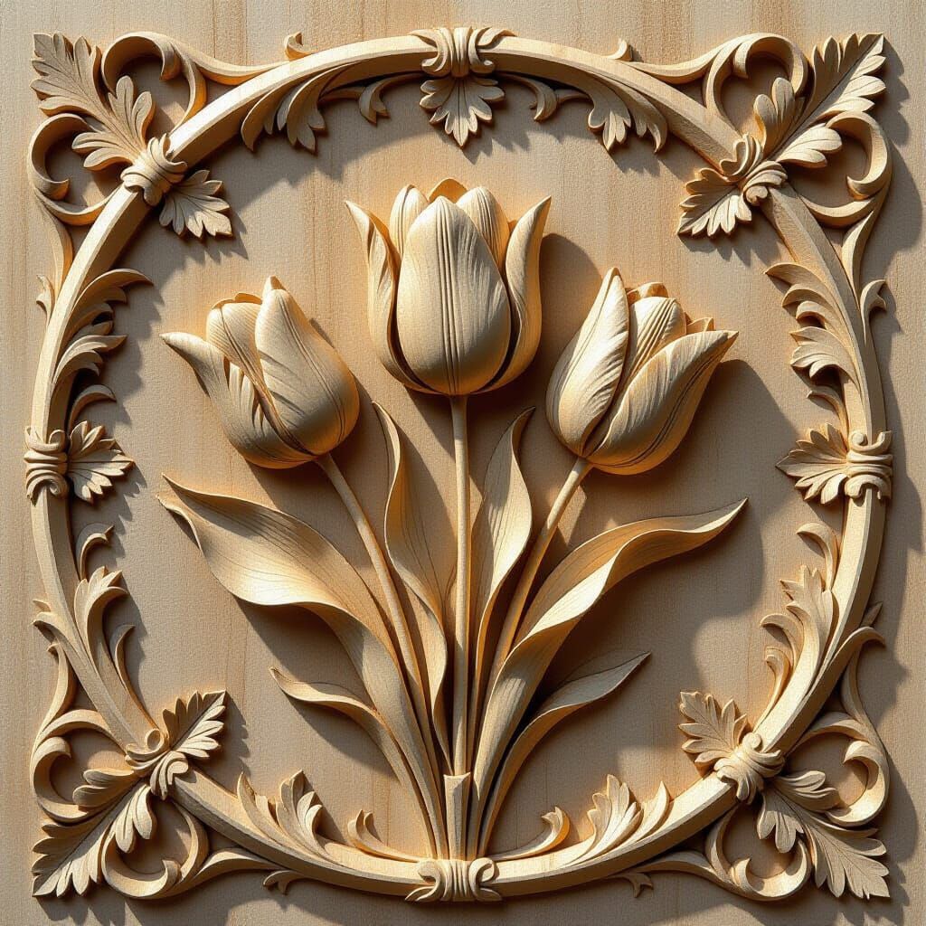 Detailed Bas Relief Wood Carving of Tulips and Leaves