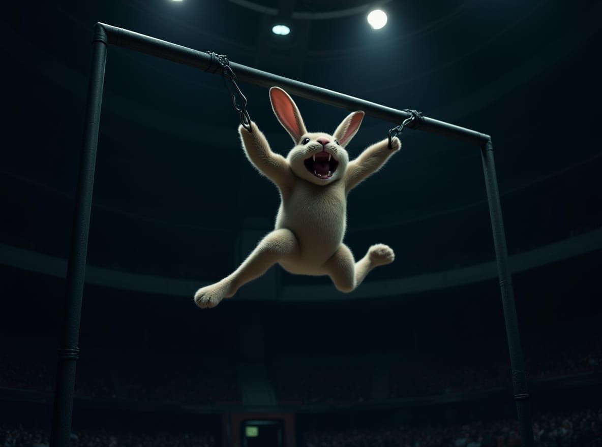 Bunny Fails High Jump in Surreal Arena