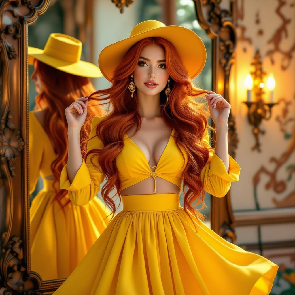 Red-Haired Woman Styles Hair, Art Nouveau Style