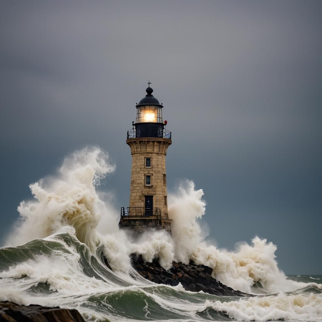Lighthouse in Storm with Enormous Waves