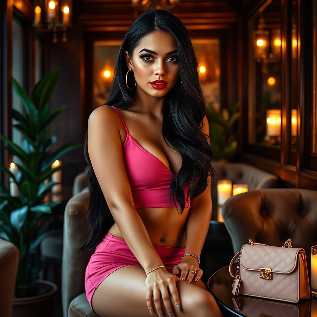 Elegant Young Woman in Romantic Cafe Setting