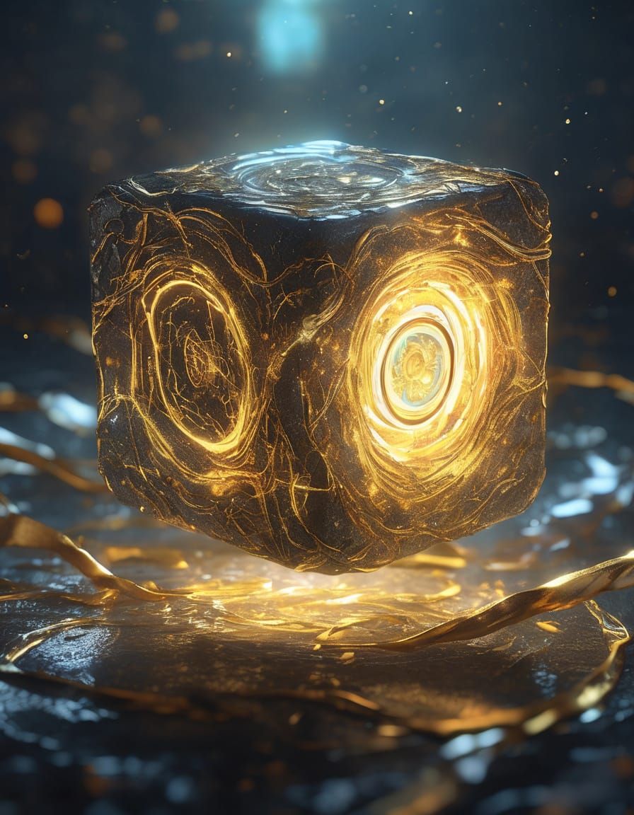 Ethereal, Glowing Cube with Shattered Buttons in Hyperrealis...