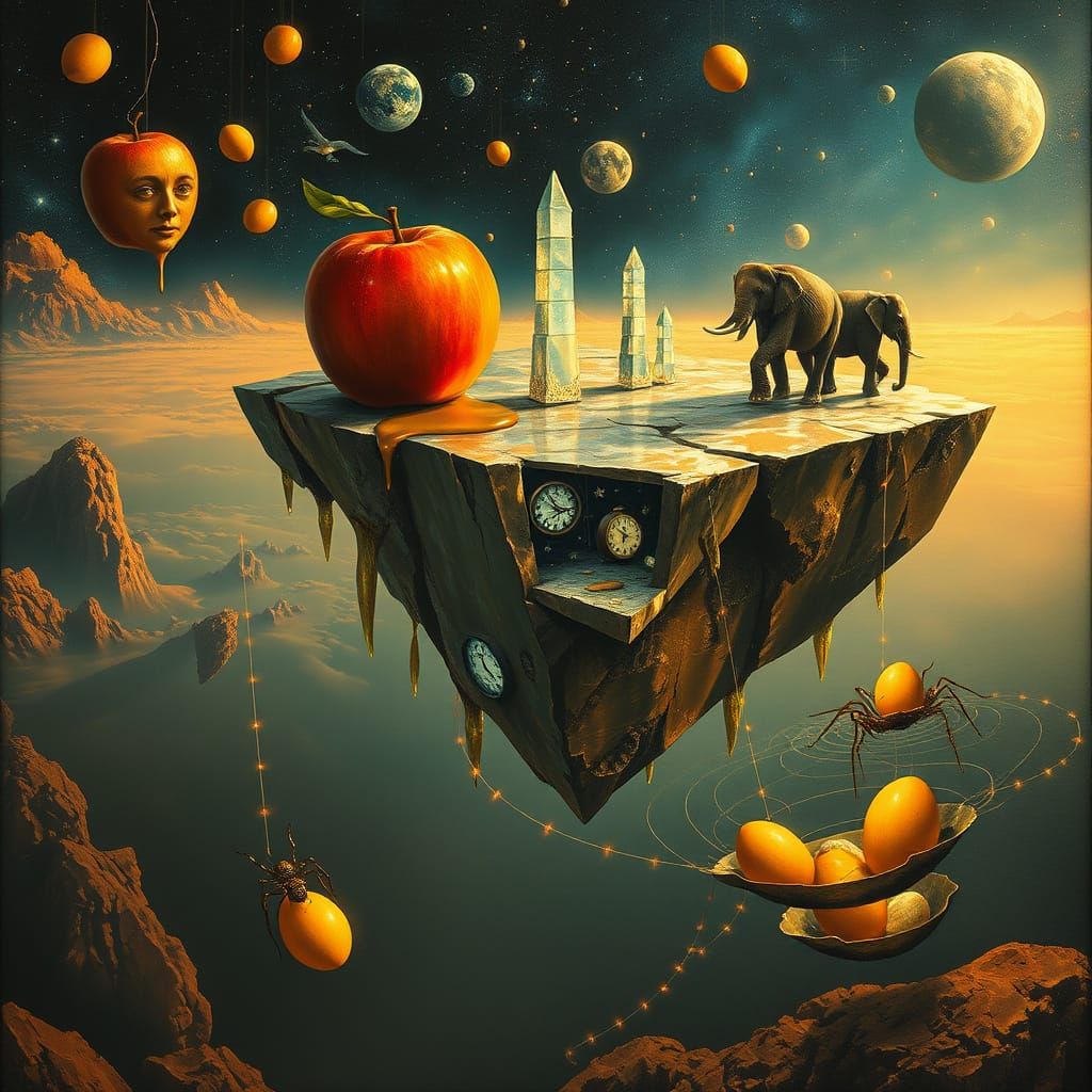 Surreal Crystalline Island with Melting Faces and Glass Towe...