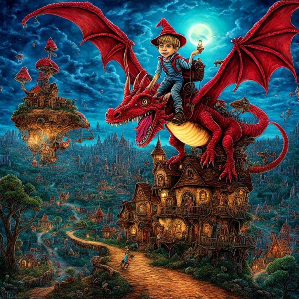 Wizard Boy on Steampunk Dragon Over Mushroom Village