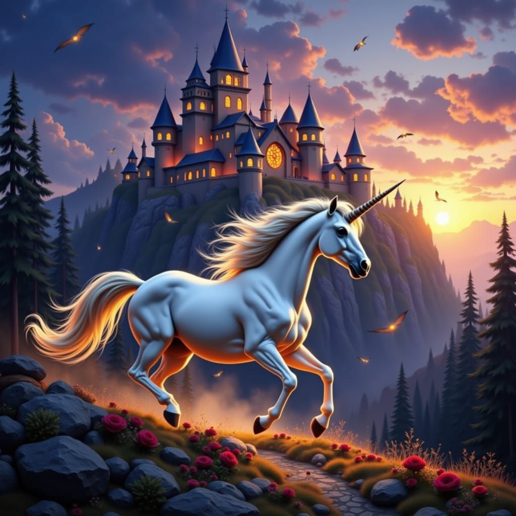 Majestic Unicorn Flees Intricate Gothic Castle