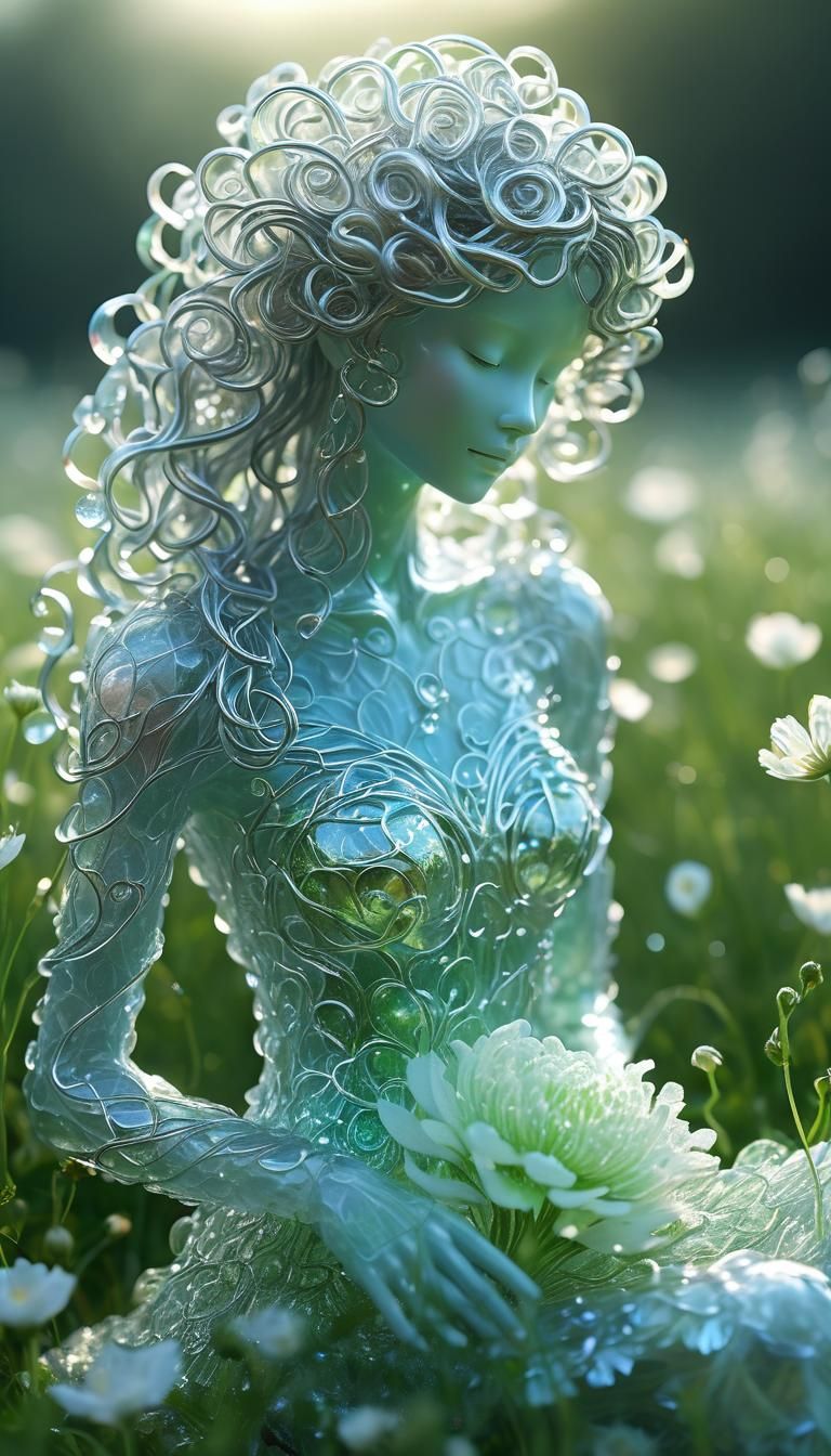 An ethereal woman sitting on the ground with flowers in her ...