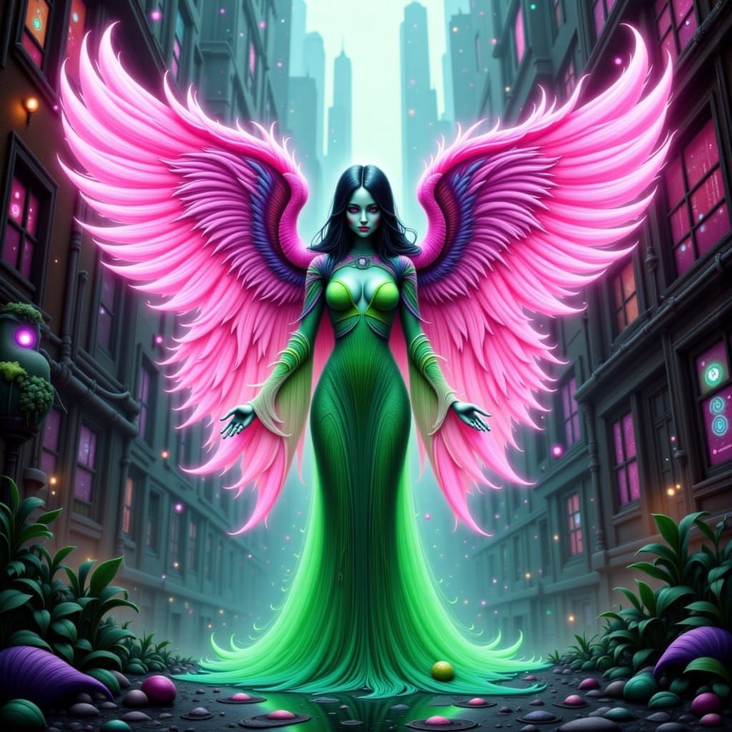 Neon Angel in Cyberpunk Cityscape