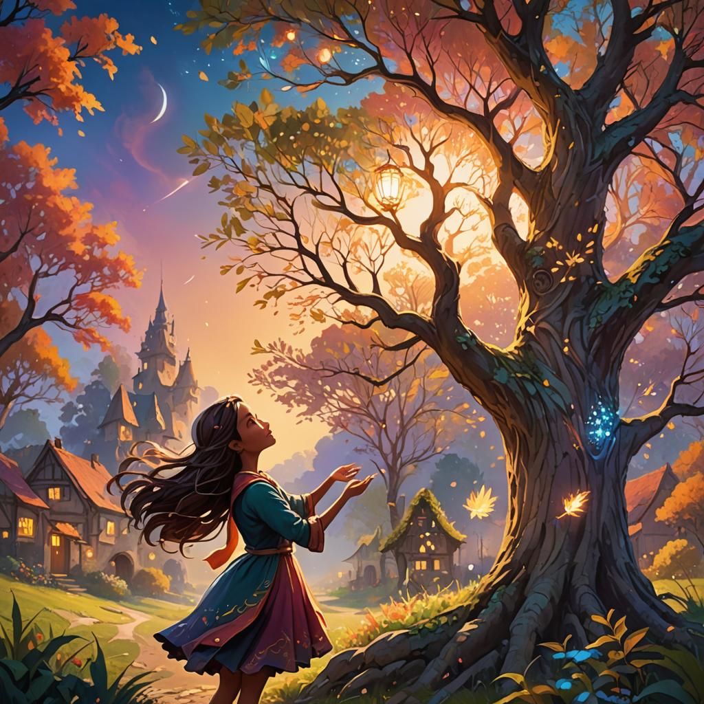 Magical Tree and Girl Help Shimmering Light
