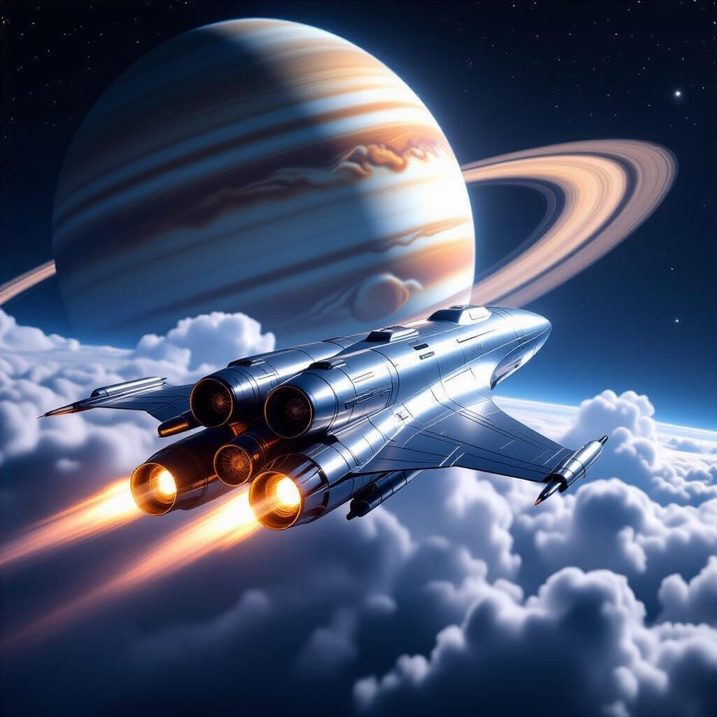 Silver Spacecraft Approaches Jupiter in Cinematic Lighting