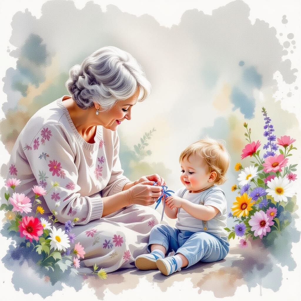 Grandmother Watches Baby Brother Tie Sister's Shoes