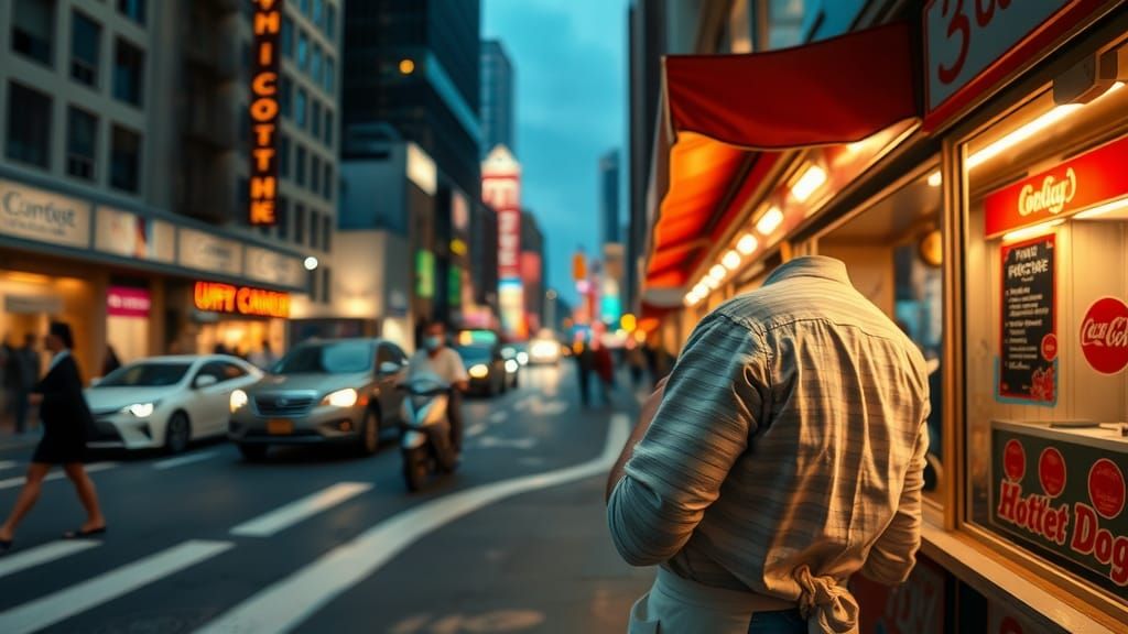 Vibrant Hot Dog Vendor on Bustling City Street