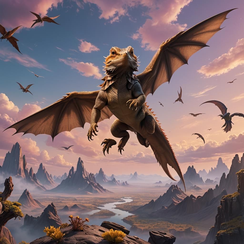 Winged Bearded Dragon Flies Across Alien World