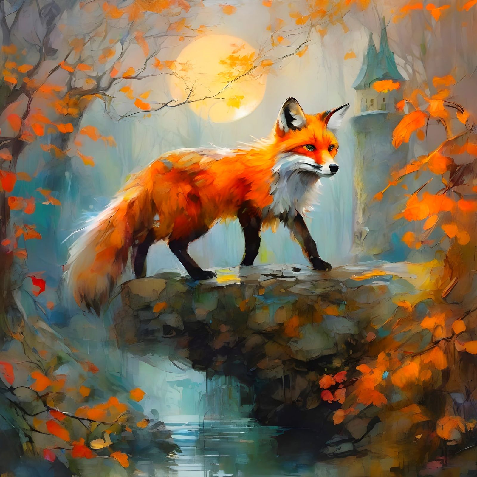 Fox on Medieval Bridge in Oil Painting Style