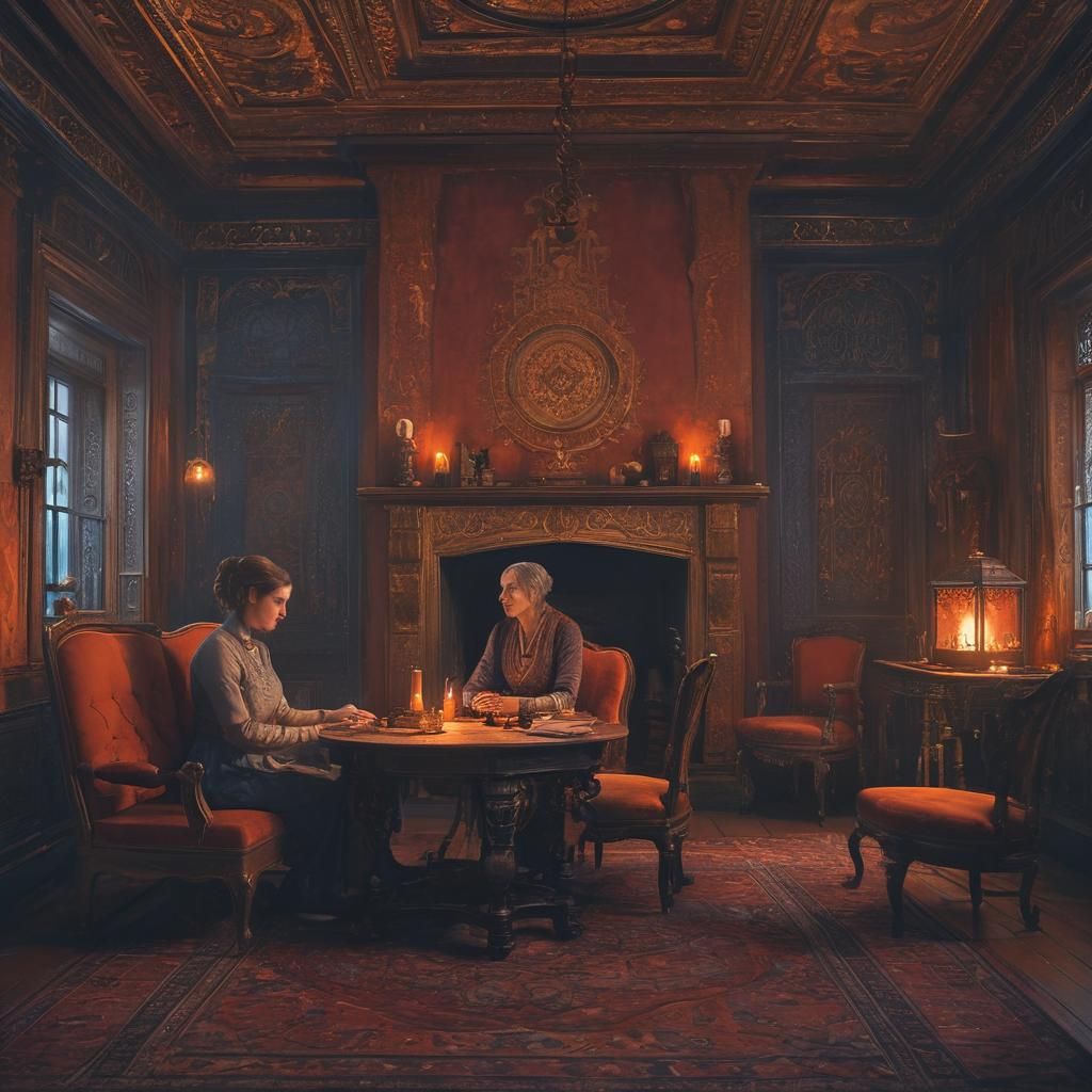 Dimly Lit Interior with Ornate Stove