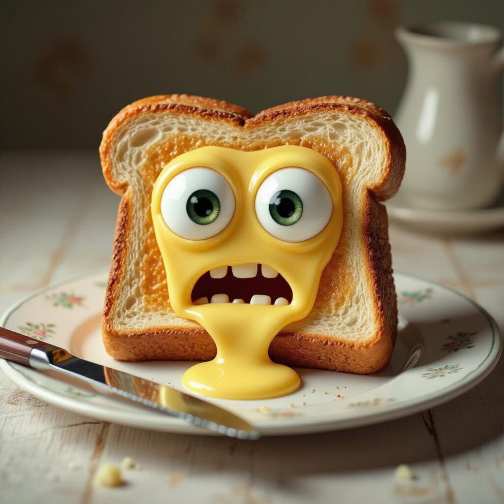 Melting Toast with Expressive Eyes on Breakfast Plate