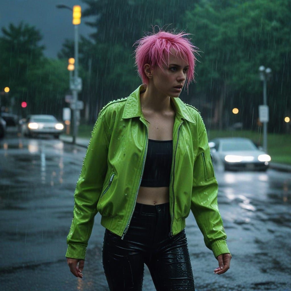 Stylish Woman in Neon Jacket Walking in Rain