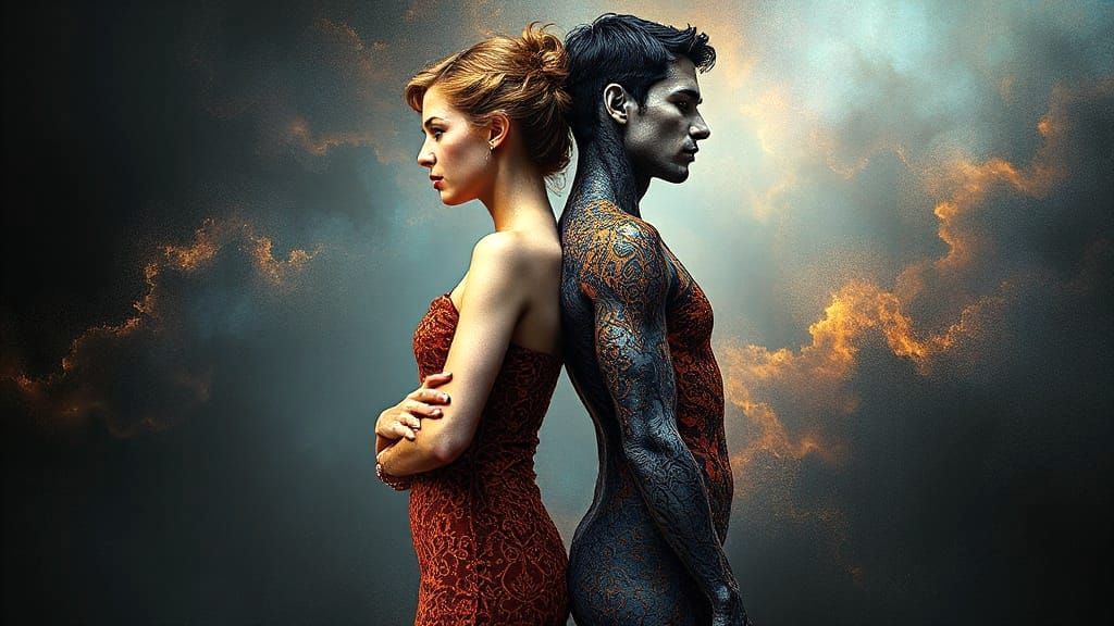 Androgynous Figures in Ominous Iridescent Ink Drawing