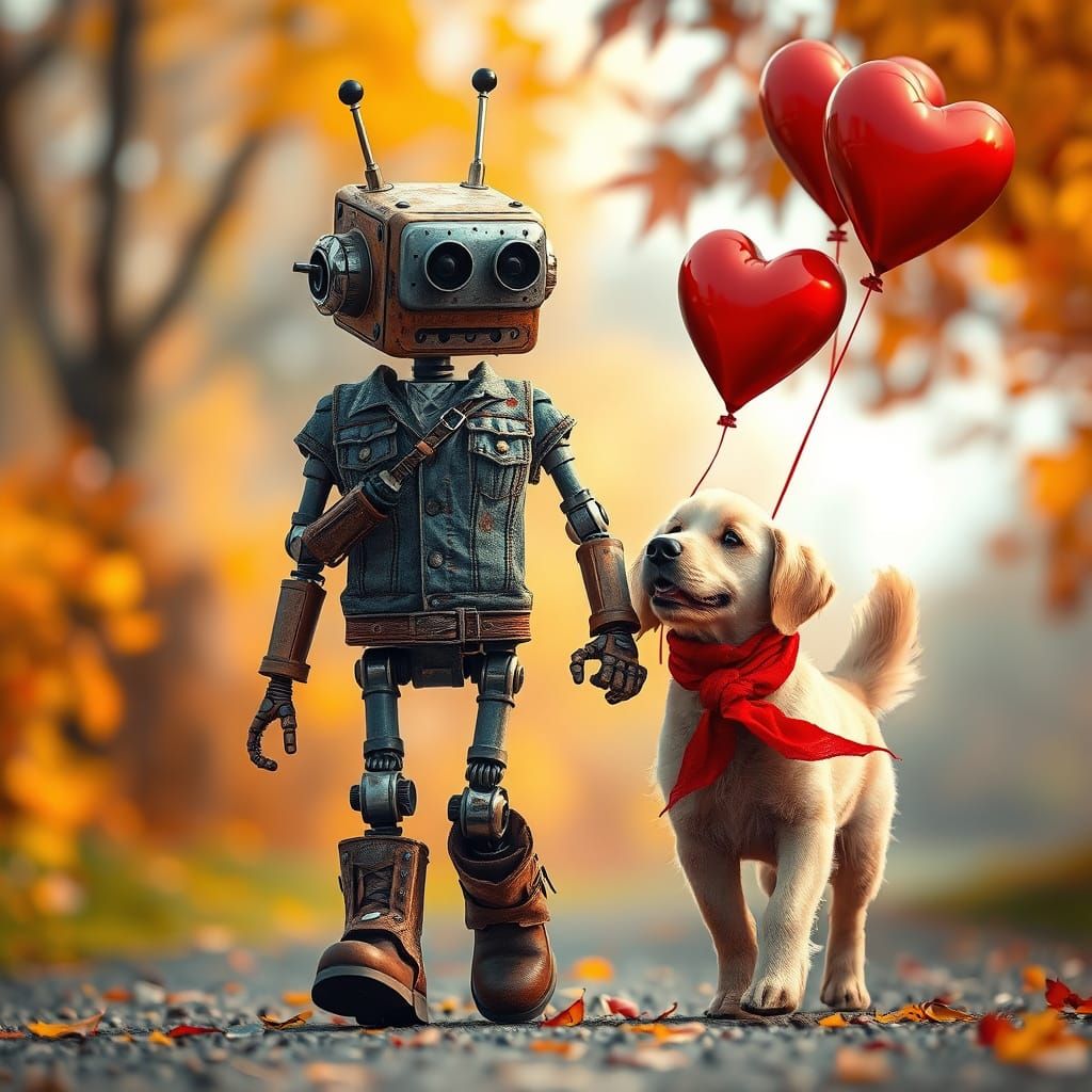 A whimsical realistic image of an anthropomorphic robot, rusty and shabby yet charming, strolling hand in hand with a st...